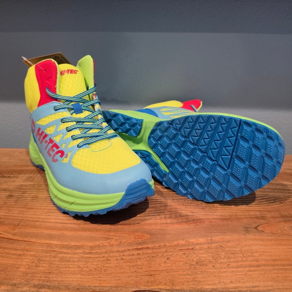 Hi-Tec Mens  Destructor Logo Mid Trail Hiking Shoes Neon Yellow‎ Blue Green 9